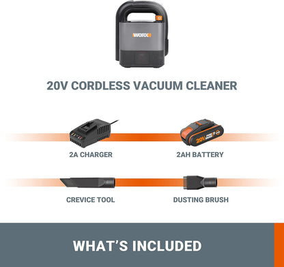Worx 18V(20V MAX) Aspirador De Coche Inalámbrico Sin Cable Potente 2.0Ah Batería WX030, 150W 10Kpa Con Caja De Almacenamiento Integrada, Filtro Lavable Red De Eliminación De Polvo