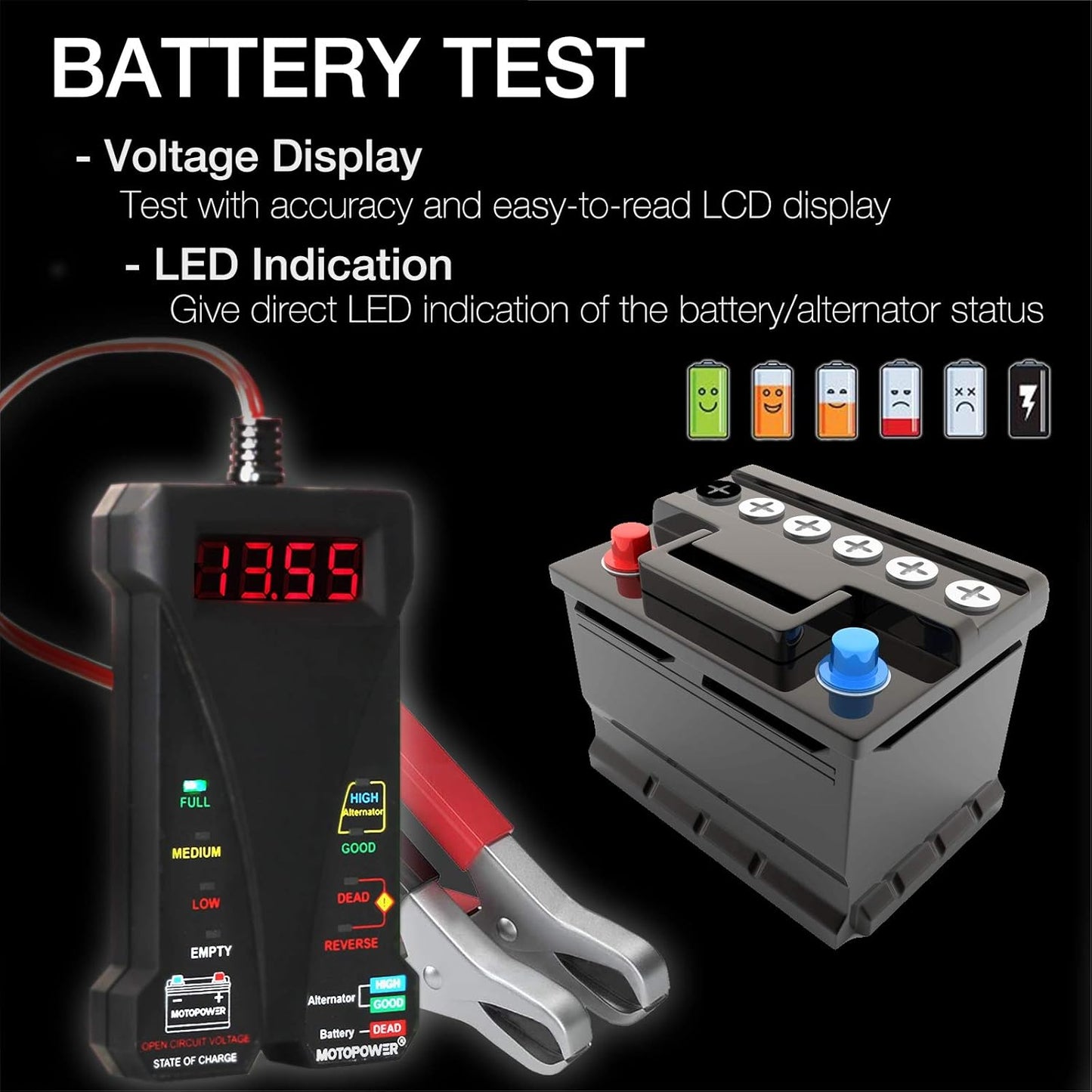 MP0514A-UK 12V Comprobador Digital De Batería Con Voltímetro Y Sistema De Carga Alternador Con Pantalla LCD E Indicador LED