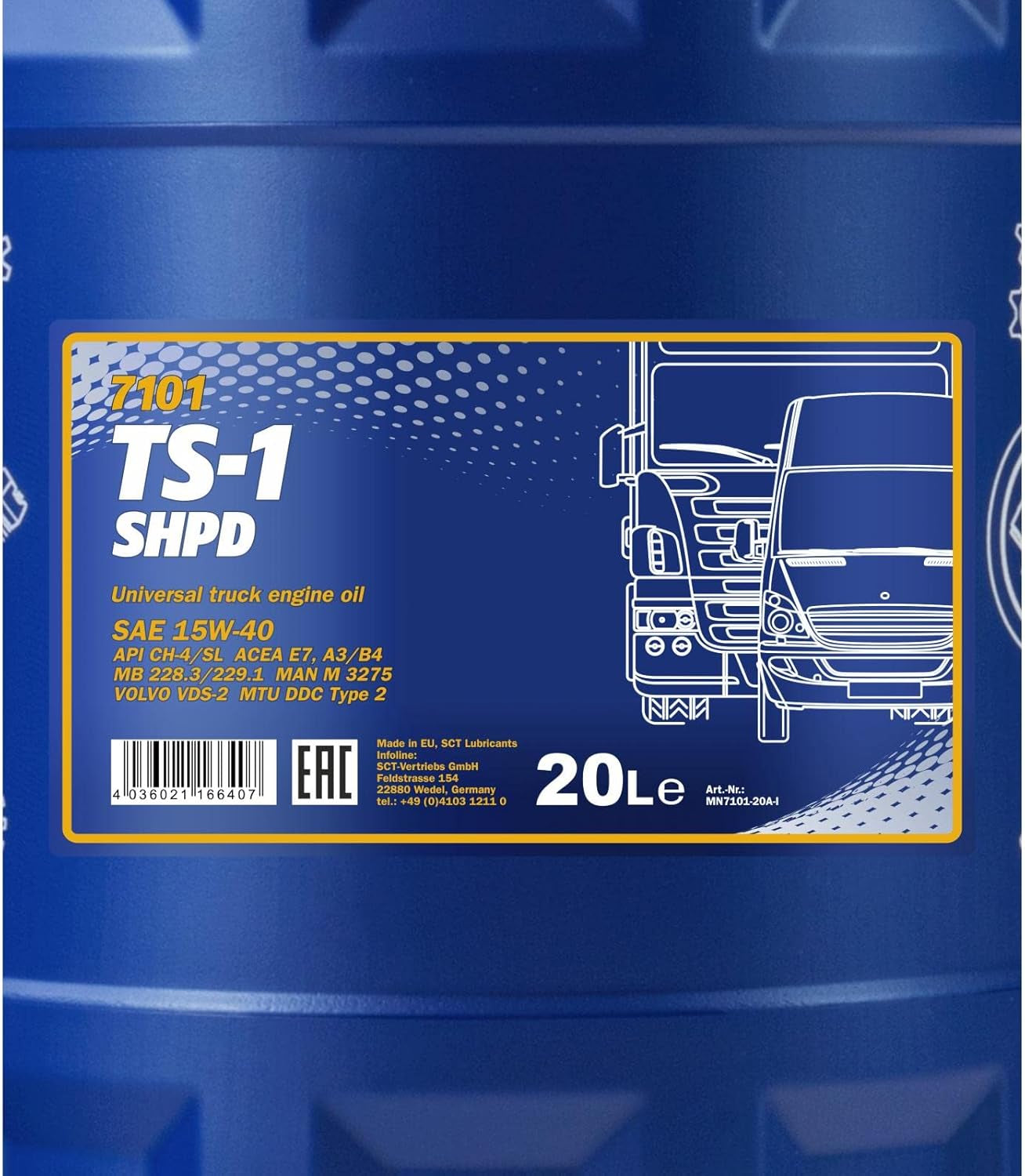 MANNOL Aceite De Motor 15W-40 TS-1 Aceite Mineral Aceite Para Motor ACEA A3/B4 ACEA E3 ACEA A3/B3 API CH-4 API CG-4 API CF-4 API SL SHPD 20L