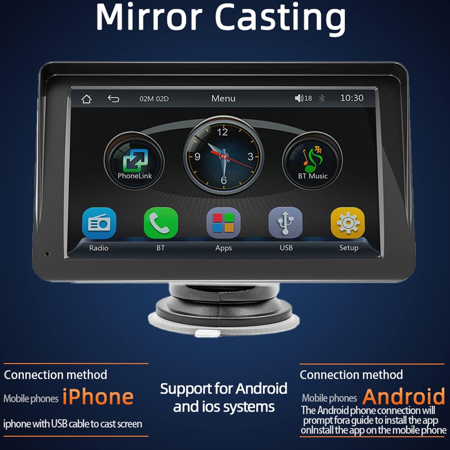Compatible for Inalámbrico Carplay Android Auto 7" Portátil Estéreo Auto Monitor De Pantalla Táctil HD Radio Para Automóvil Con Bluetooth Mirrorlink Transmisor FM Puerto De Tarjeta AUX / USB / TF