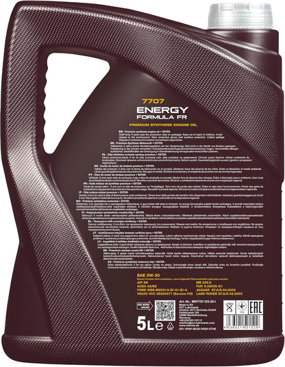 MANNOL | Aceite De Motor Sintético Con Éster | Energy Fórmula FR 5W-30 | MN7707-5 | 5L | Ahorro De Combustible Y Alta Protección | Compatible Con FORD, VOLVO, GM, FIAT, JAGUAR Y LAND ROVER