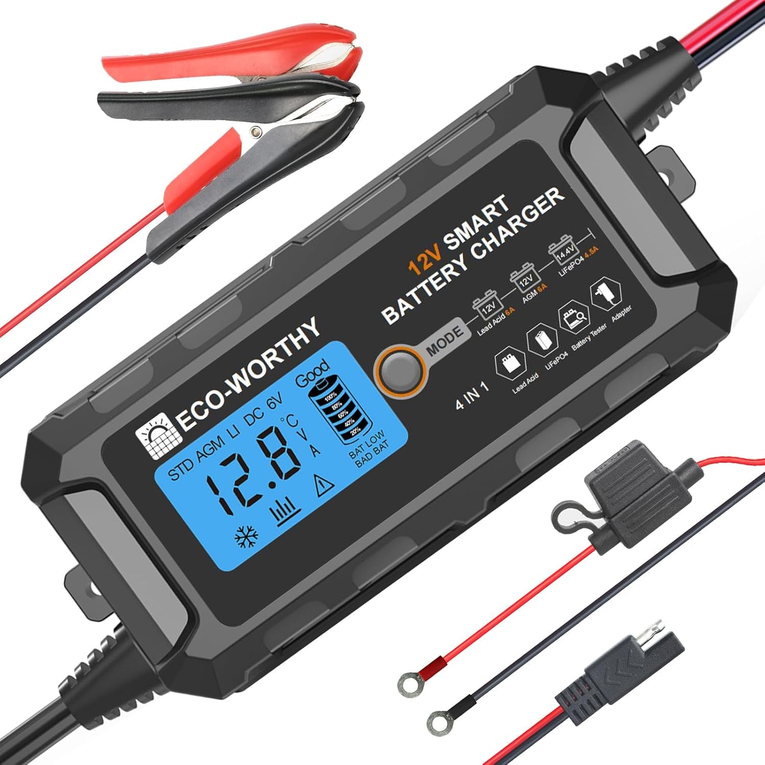 ECO-WORTHY Cargador De Baterias 12V, 5A Cargador Bateria Con Activación De Batería De Litio Para Baterías De Litio Y Plomo En Coche Moto Cortacésped Barco Baterías Marinas
