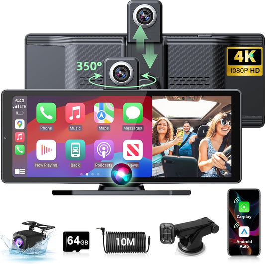 350° Rotatable Pantalla Carplay Android Auto Pantalla Con 4K Dash CAM, 10.26 Pulgadas Pantalla Cocho Carplay Pantalla Aoche Android Portátil Carplay Pantalla Dual Bluetooth 64G TF Card