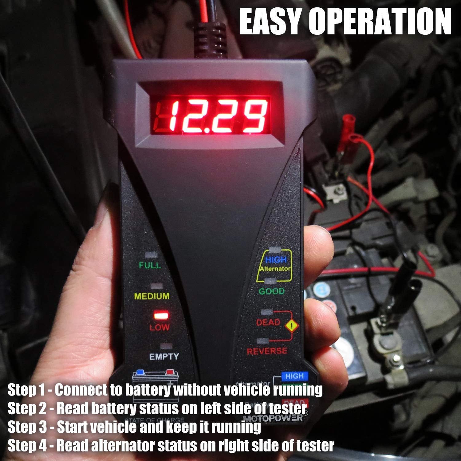 MP0514A-UK 12V Comprobador Digital De Batería Con Voltímetro Y Sistema De Carga Alternador Con Pantalla LCD E Indicador LED